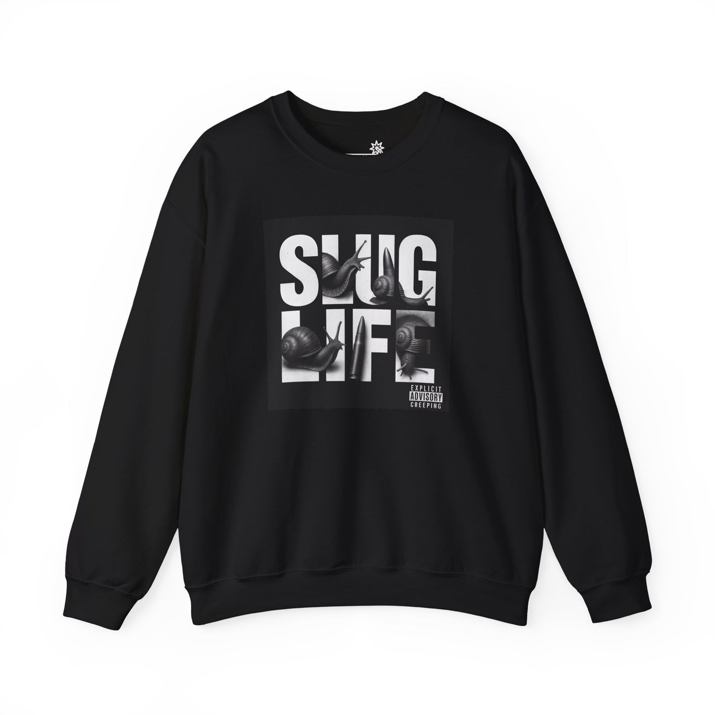Black sweatshirt with black graphic design of album cover with text ‘Slug Life’ on white background