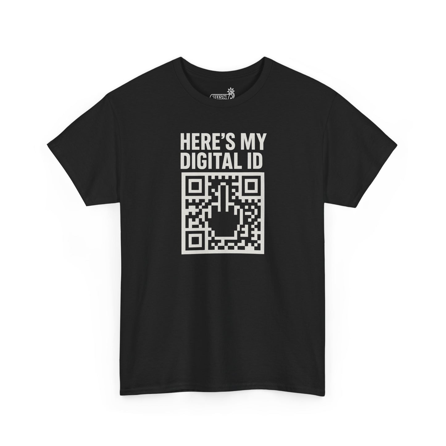 Black t-shirt with 'Here's my digital ID' text and QR code with hidden middle finger on a white background