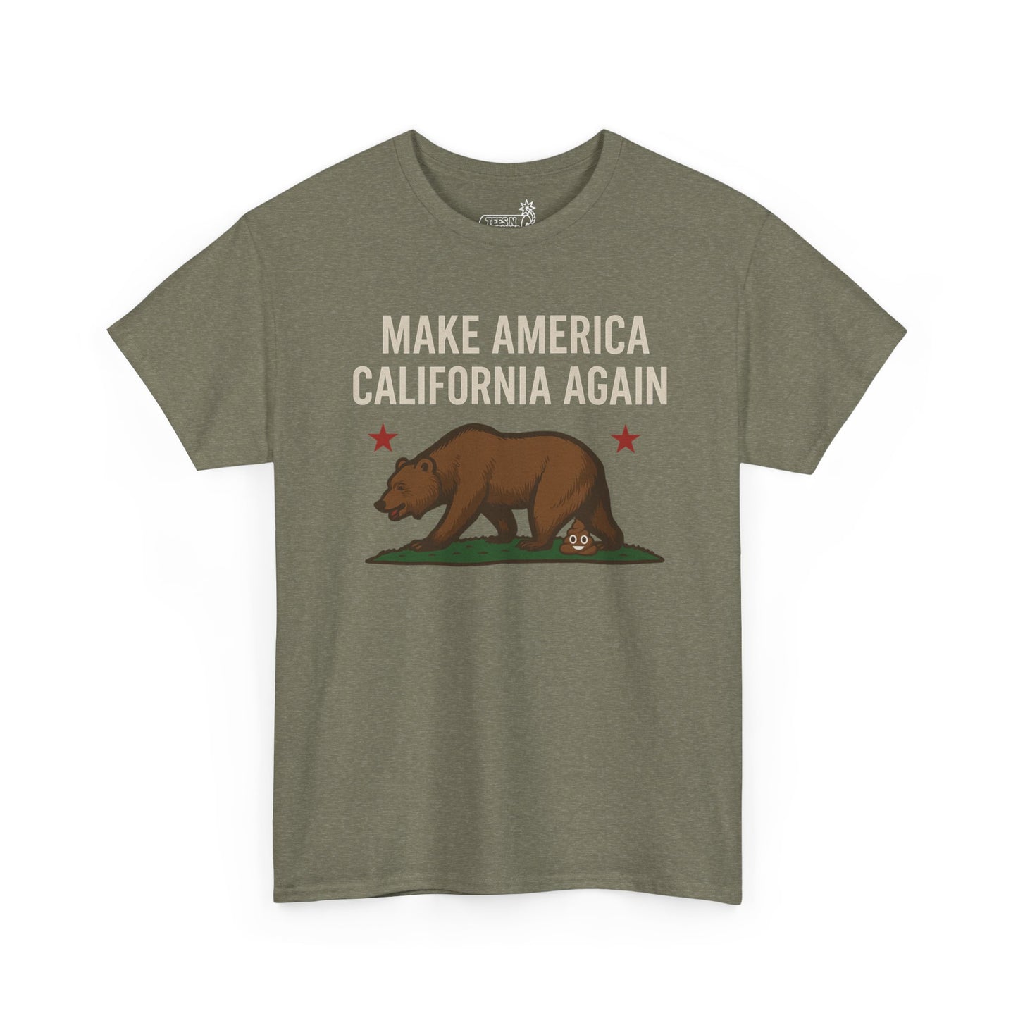 Light green t-shirt with ‘Make America California Again’ text and California bear and poop emoji