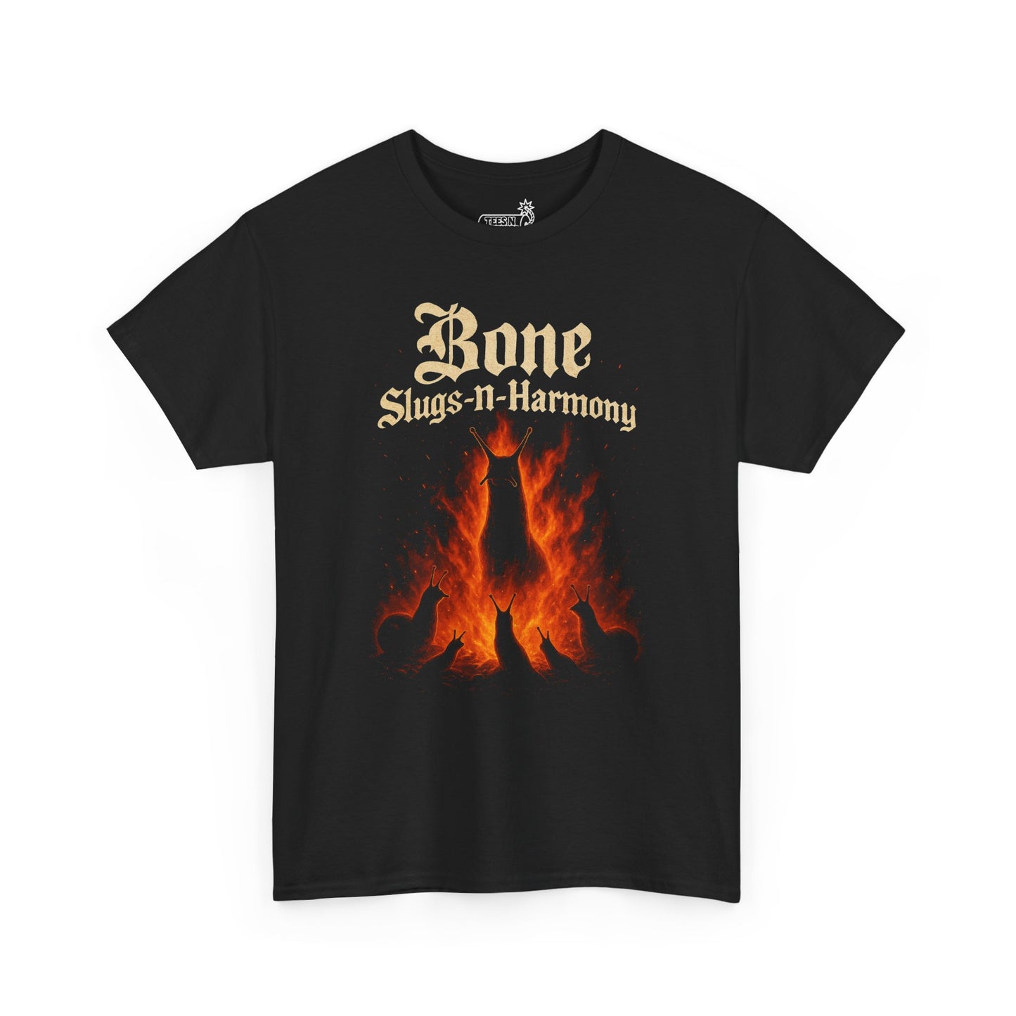 Black t-shirt with slugs and flames graphic and text ‘Bone Slugs-n-Harmony’ on white background