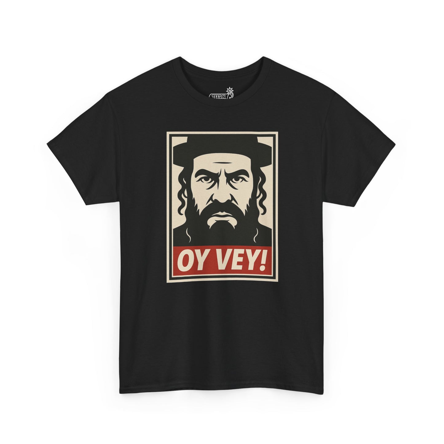 Black t-shirt with a stencil graphic of a Jewish man with a beard and 'OY VEY!' text on white background