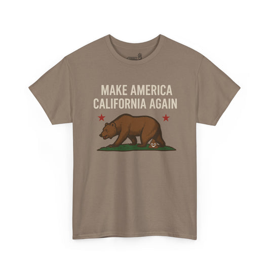 Light brown Savana t-shirt with ‘Make America California Again’ text and California bear and poop emoji