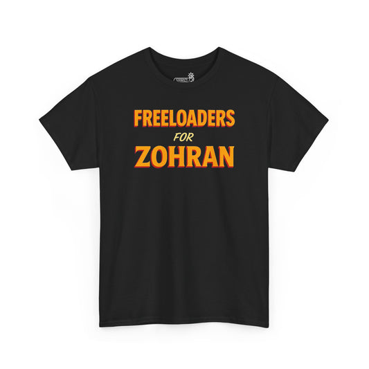 Black t-shirt with ‘Freeloaders for Zohran’ graphic on white background