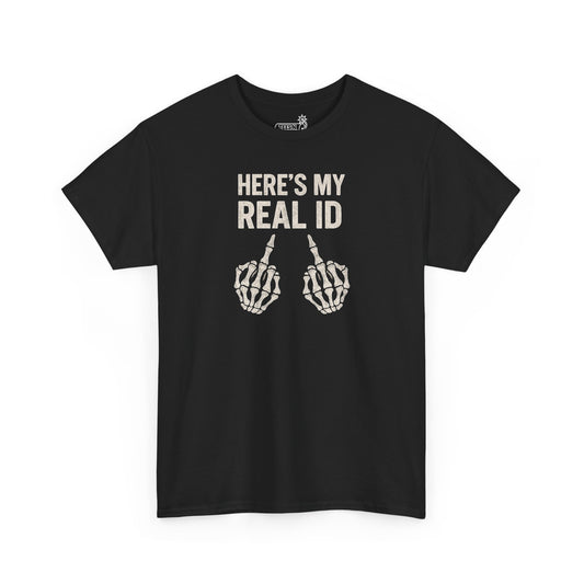 Black t-shirt with white text and skeleton hand flipping the bird graphic on white background 