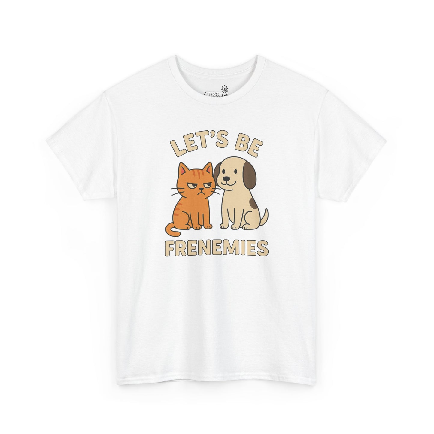 White t-shirt with a cat and dog graphic and text 'Let's Be Frenemies' on a white background