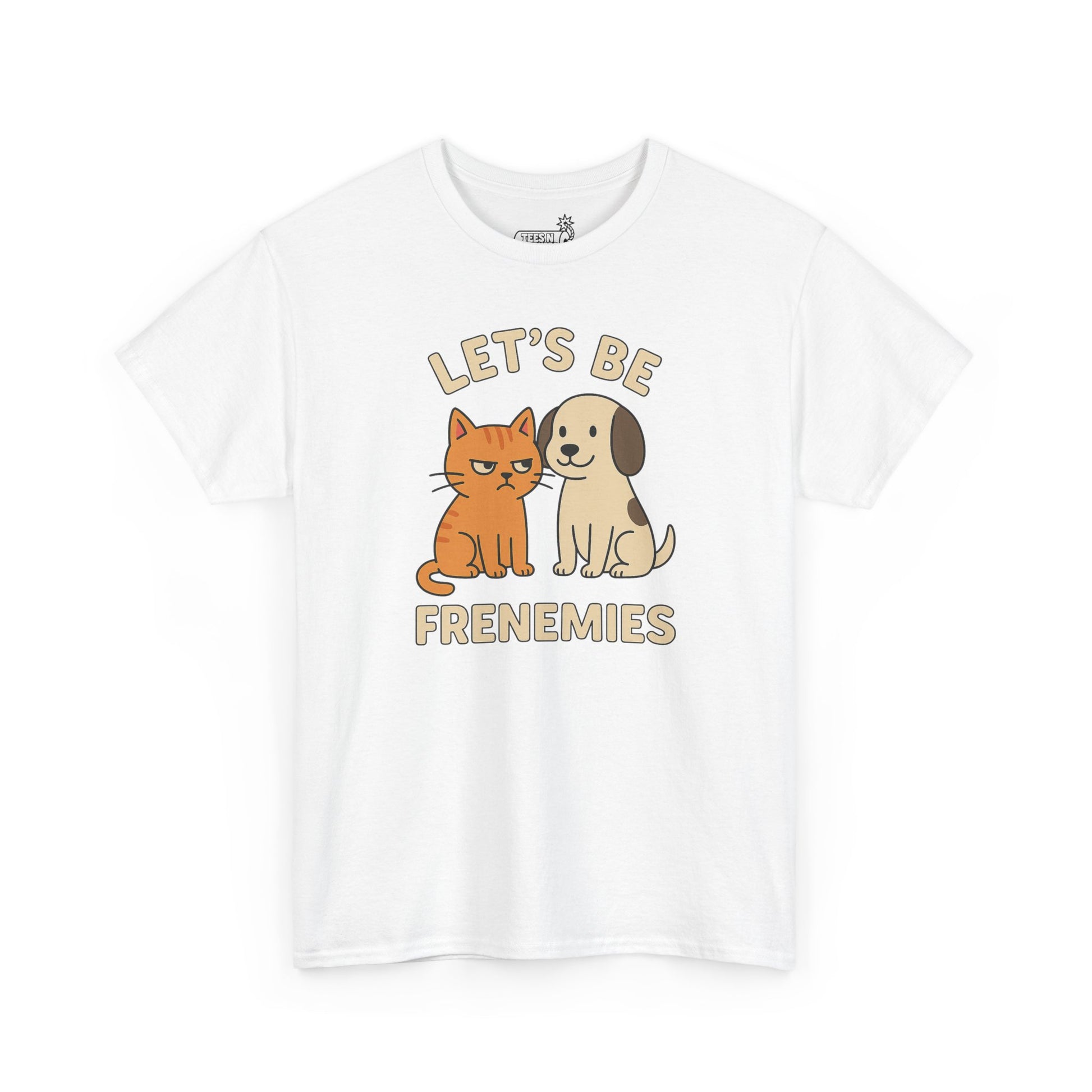 White t-shirt with a cat and dog graphic and text 'Let's Be Frenemies' on a white background