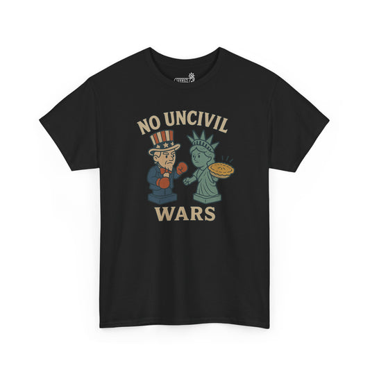Black t-shirt with graphic design of Uncle Sam and Lady Liberty boxing, and text 'No Uncivil Wars' 