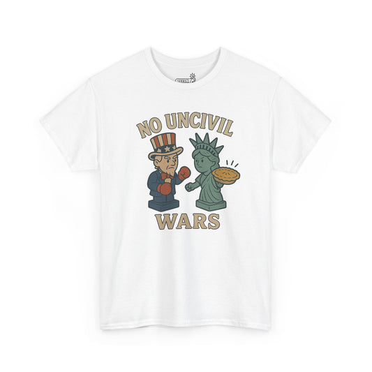 White t-shirt with graphic design of Uncle Sam and Statue of Liberty boxing, and text 'No Uncivil Wars', on a white background.
