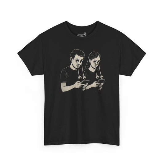 Black t-shirt with graphic of two people with eyeballs hanging out while using phones on a white background