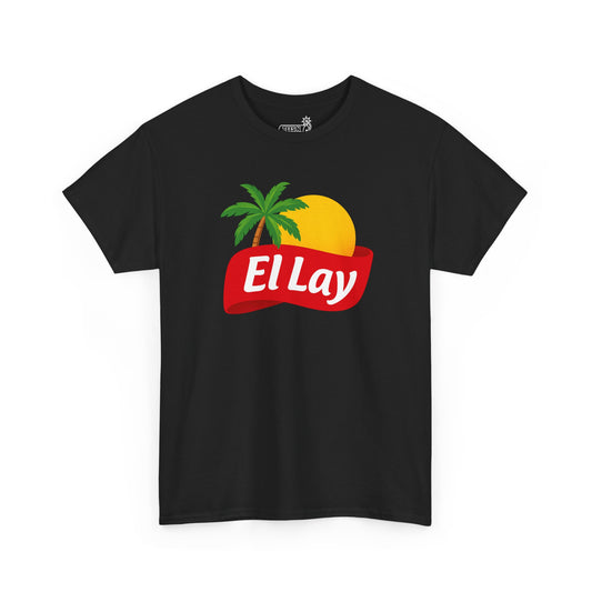 Black t-shirt with red ribbon 'El Lay' logo with a palm tree and sun on white background