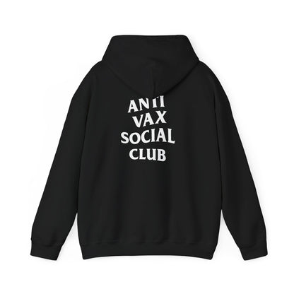 Back of Black hoodie with 'ANTI VAX SOCIAL CLUB' text on the back against a white background