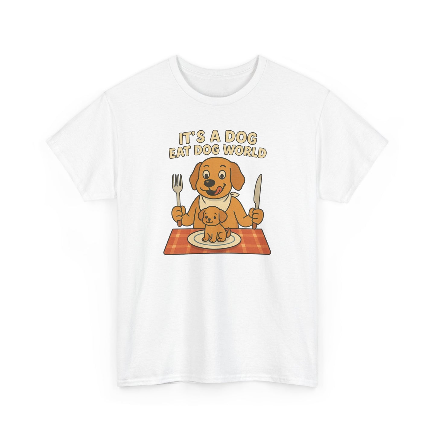 White t-shirt with a cartoon dog design and text ‘It’s a dog eat dog world’ on a white background