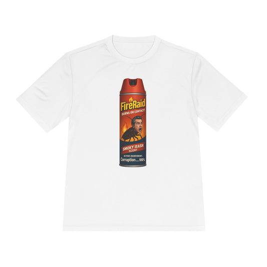 White T-shirt with ‘FireRaid’ and Gavin Newsom cartoon cockroach on a spray can