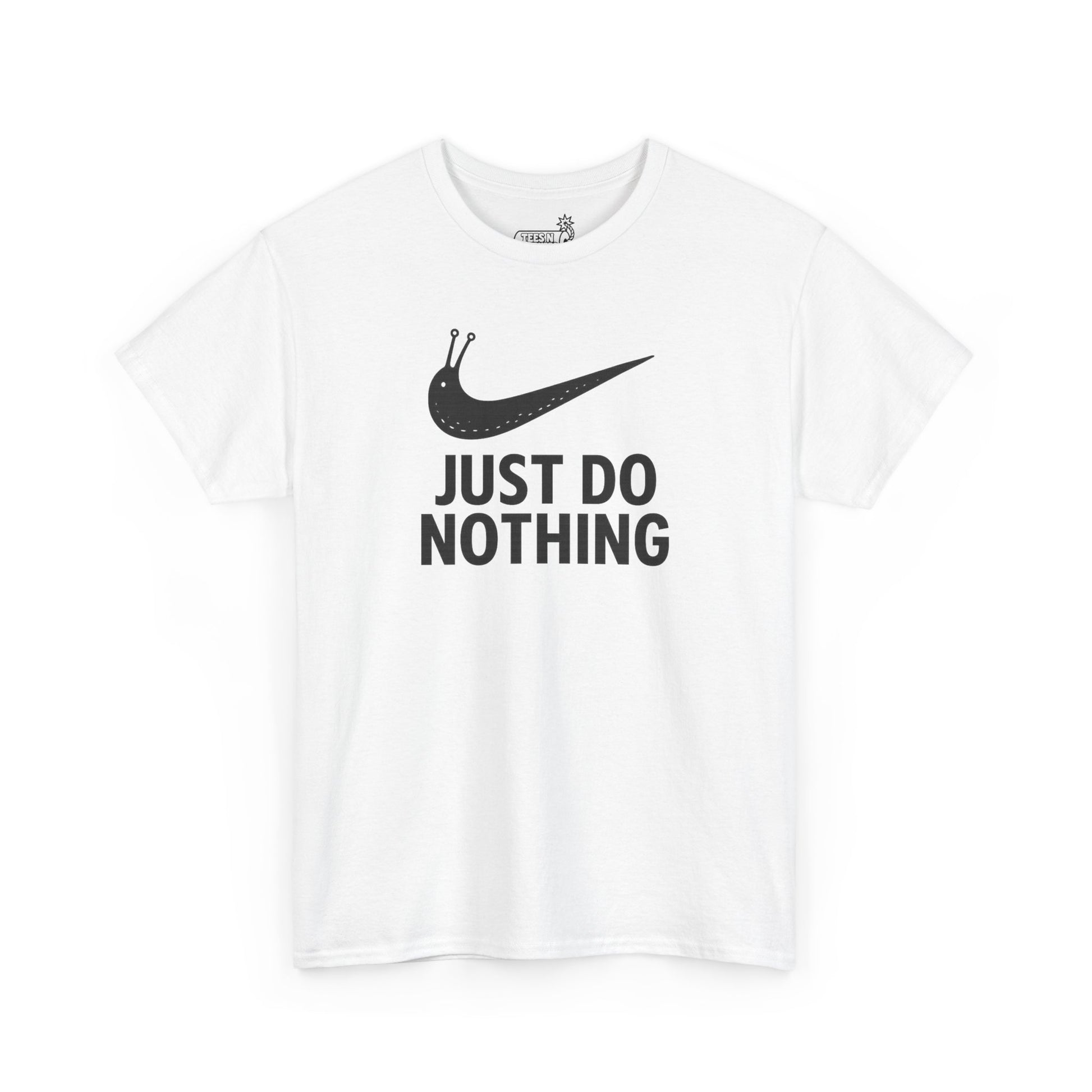 White t-shirt with 'Just Do Nothing' text and slug swoosh graphic on white background