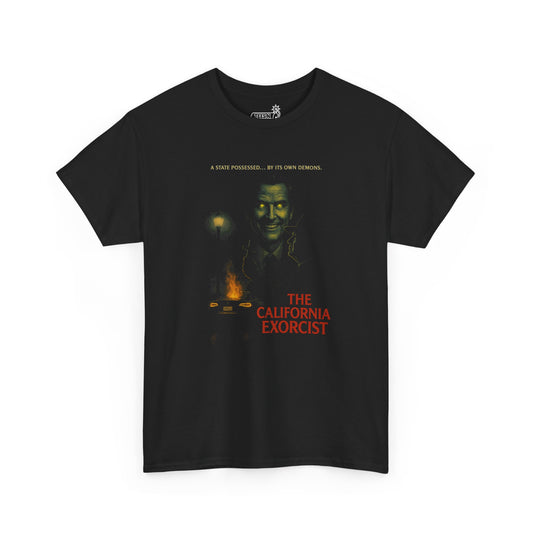 Black t-shirt with ‘California Exorcist’ text and  Gavin Newsom demon and burning Tesla and Trump