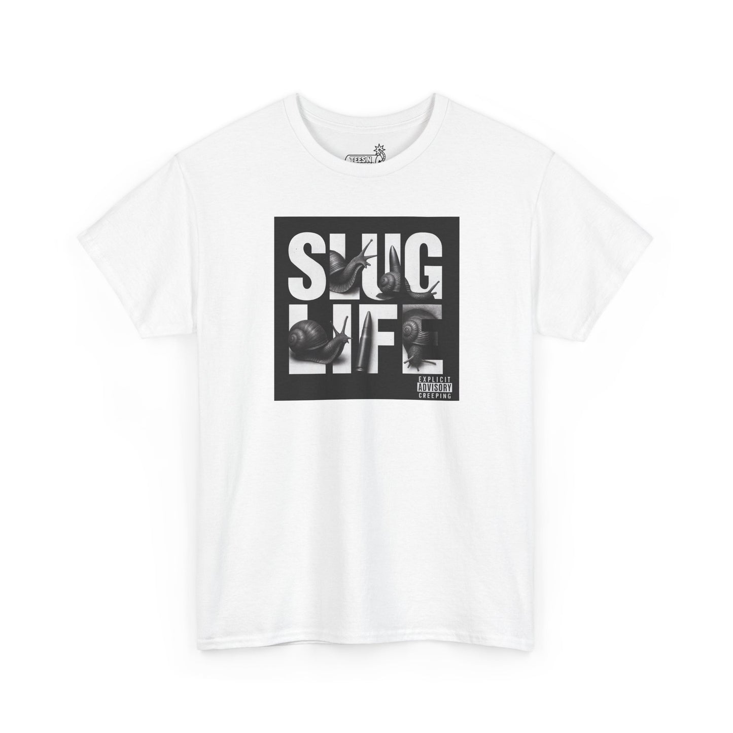White t-shirt with album cover  'SLUG LIFE' graphic on a white background