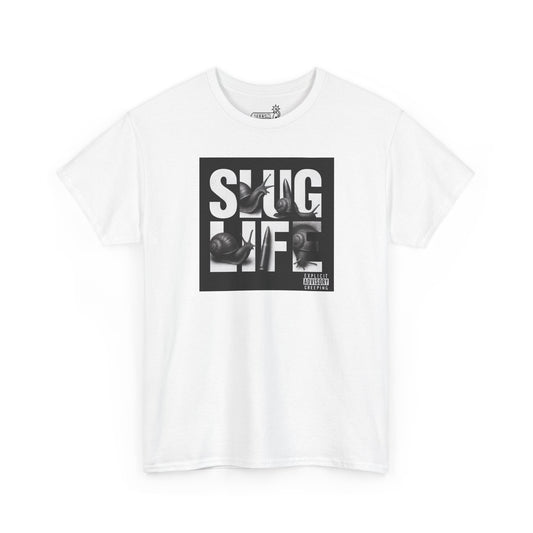 White t-shirt with album cover  'SLUG LIFE' graphic on a white background