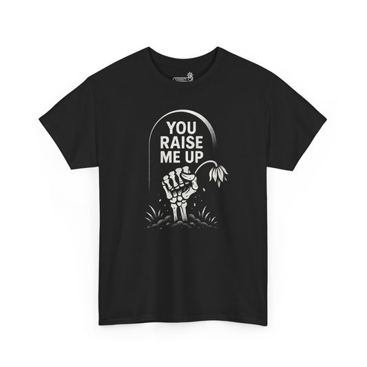Black t-shirt with skeleton hand holding flower graphic and 'You Raise Me Up' text on a white background