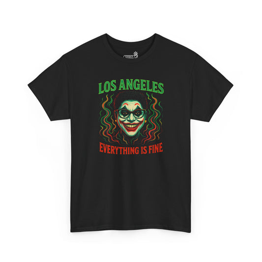 Black t-shirt with flaming Joker graphic of Mayor Karen Bass and 'Los Angeles Everything is Fine' text on a black background