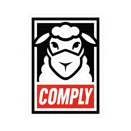 Stencil graphic of sheep head wearing Covid mask and 'COMPLY' text on a white background