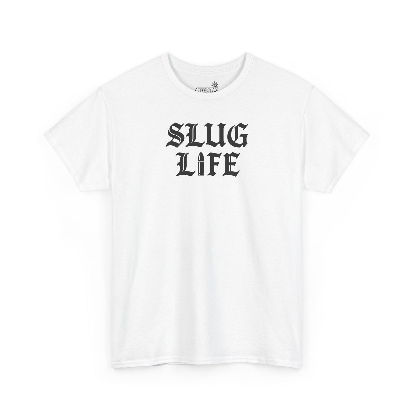 White t-shirt with 'SLUG LIFE' text on a white background