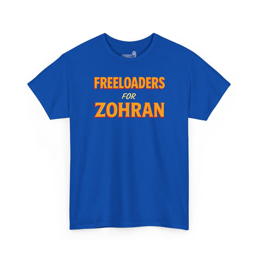 Blue t-shirt with ‘Freeloaders for Zohran’ graphic on white background