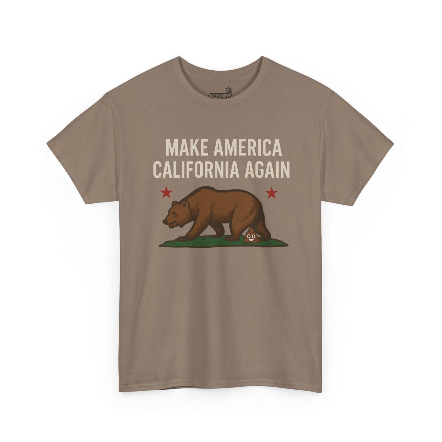 Light brown Savana t-shirt with ‘Make America California Again’ text and California bear and poop emoji