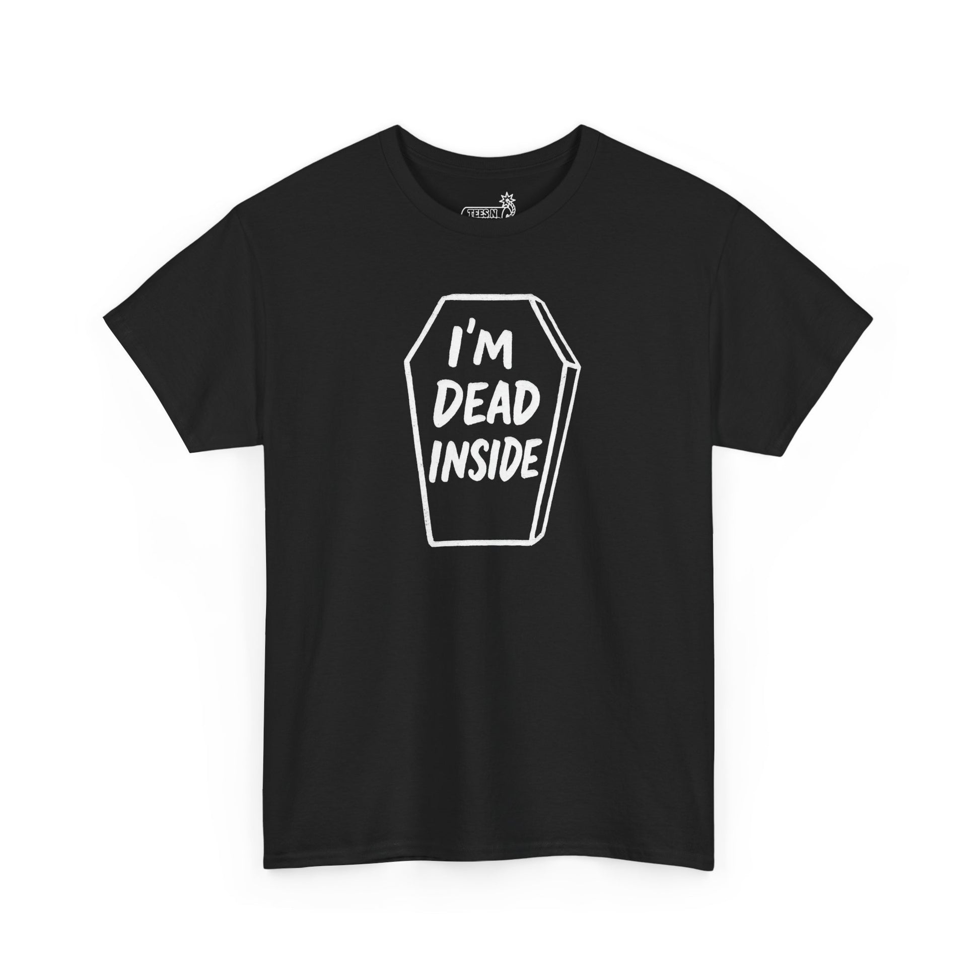 Black t-shirt with ‘I’d Dead Inside’ text inside white hand drawn coffin 