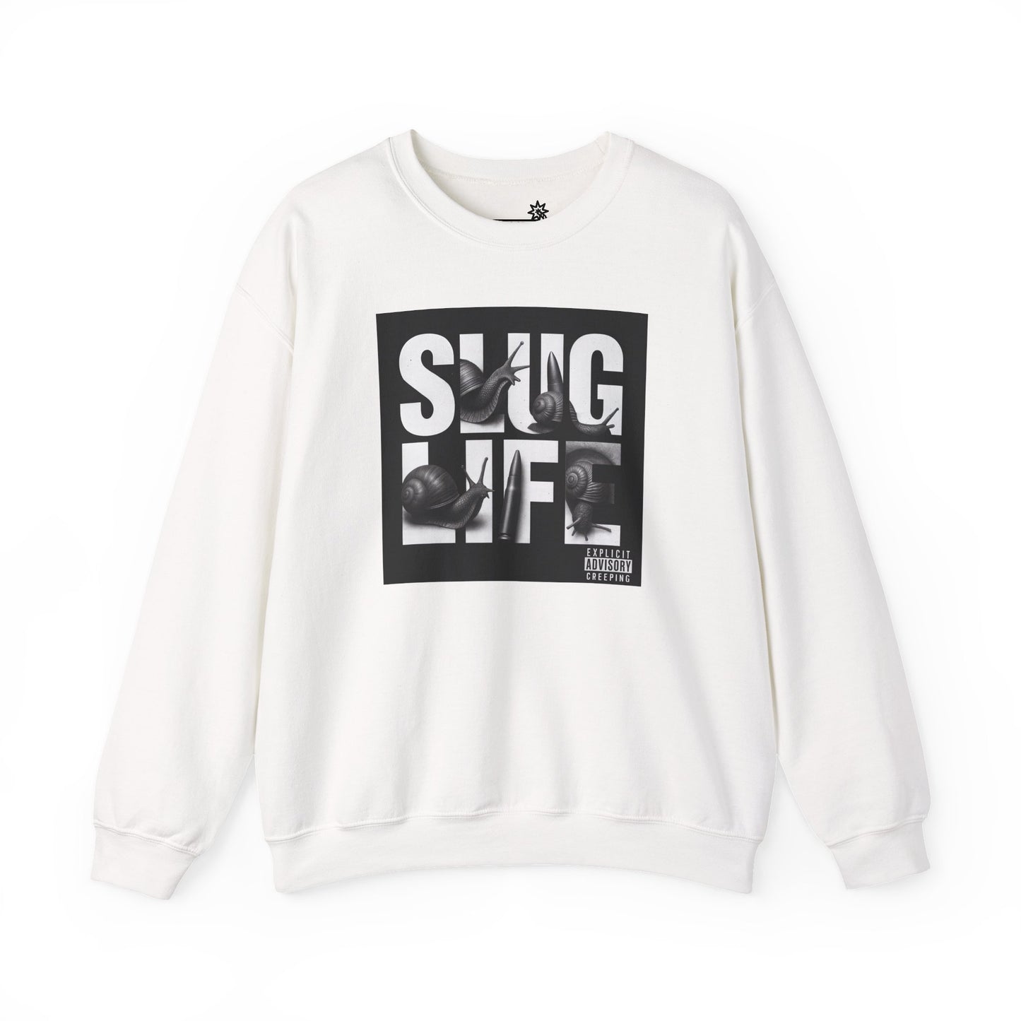White sweatshirt with black graphic design of album cover with text ‘Slug Life’ on white background