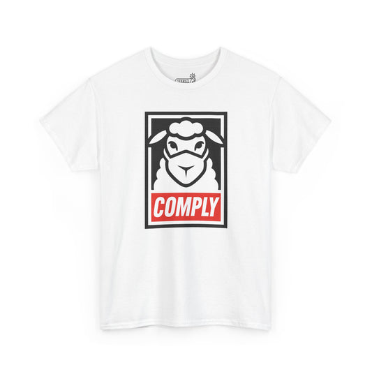 White t-shirt with stencil graphic featuring a sheep wearing Covid mask and 'COMPLY' text.